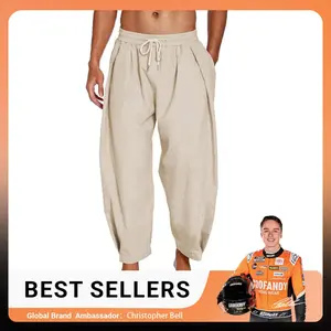 Men's cotton-linen harem pants, drawstring casual cropped pants, lightweight and loose-fitting, with pockets, skin-friendly men's wear, loose canvas elastic hippie soft pants, machine washable, best-selling item