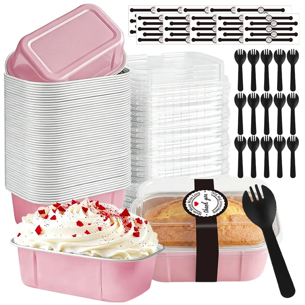 Pack of 50 Rectangle Mini Individual Cake Tins with Lids and Spoons & Stickers, 5.5 oz Disposable Small Aluminum Foil Baking Loaf Pans Perfect for Family and Outdoor Use