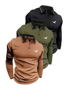 3-Pack Set Men's Spring And Autumn Lightweight Bird Logo Print Long Sleeve Buttoned Polo Shirt Fashion Casual Sports Travel Business Lightweight Work Golf Fishing Camping Gift For Boyfriend Or Husband Holiday Clothing Set Beige Outfit Stylish Collared Top