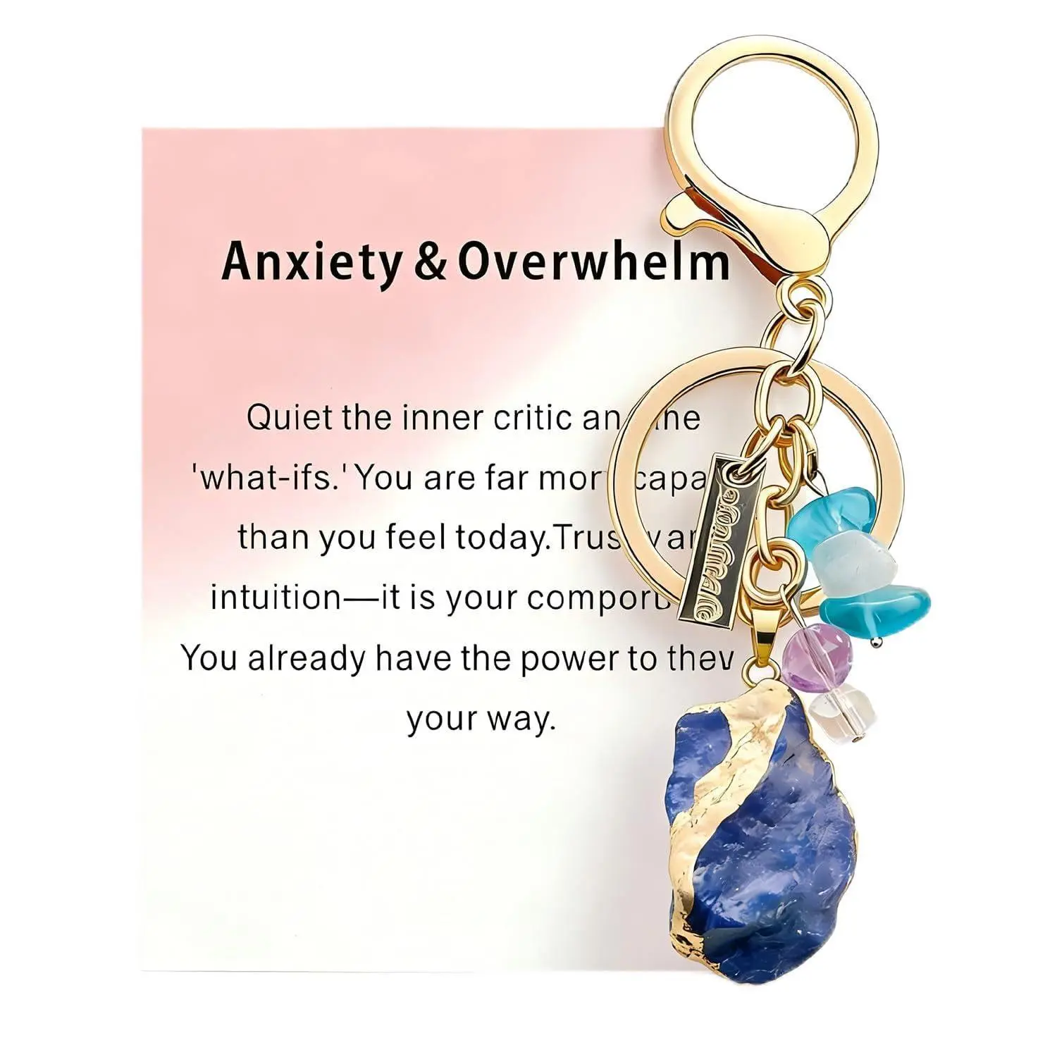 Gold-Plated Raw Crystal Keychain with Intention Card, New Beginnings Self-Love Good Luck Charm, Mindfulness Spiritual Gift for Women, Teens & Best Friends, Versatile Bag, Purse & Car Accessory