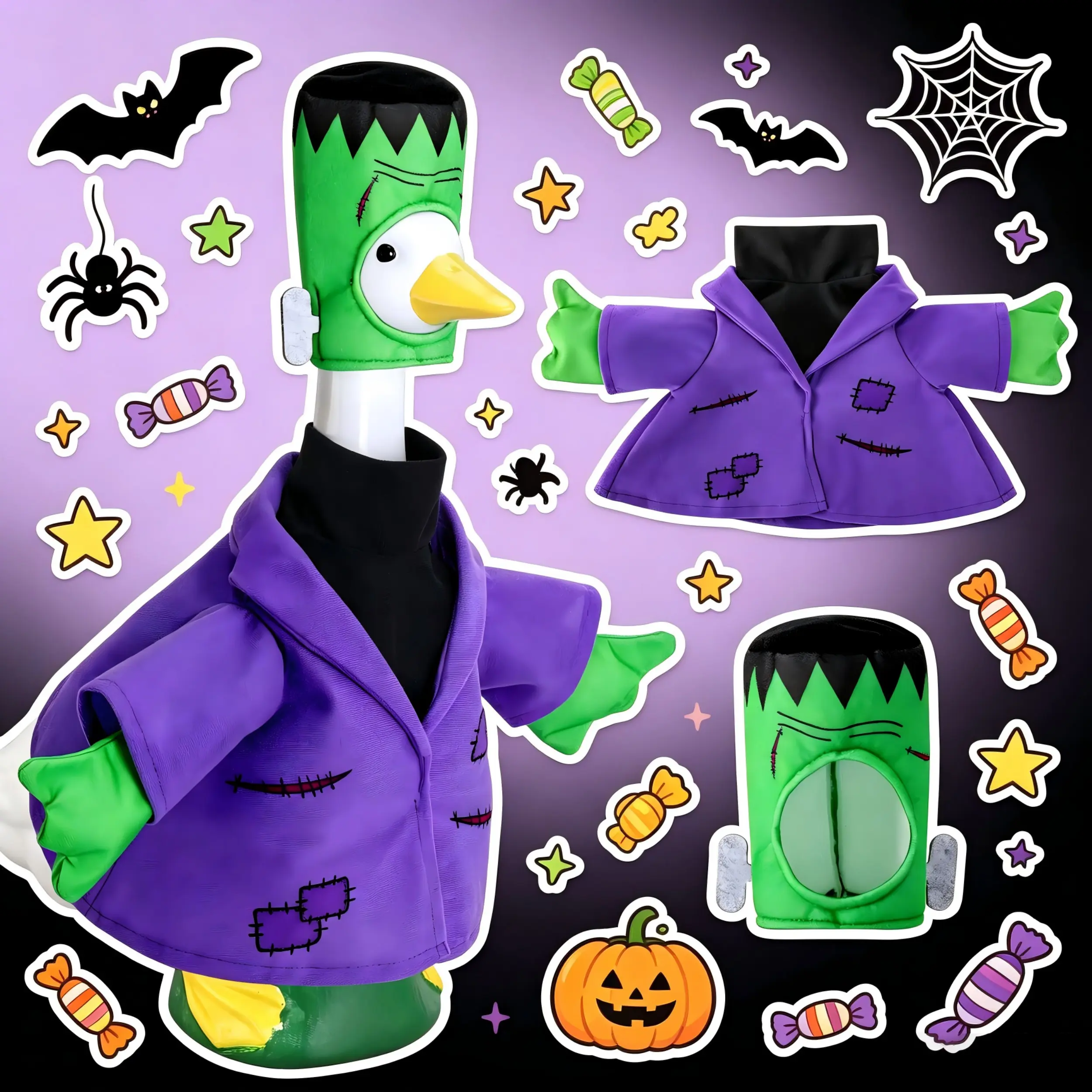 23-in Halloween Frankenstein Porch Goose Costume Set - Monster Head Hat, Purple Stitch Coat Outfit, Lightweight Felt Ornaments with Bolt for Spooky Lawn Garden Decor Statue (DIY Specialty Supply), Decoration