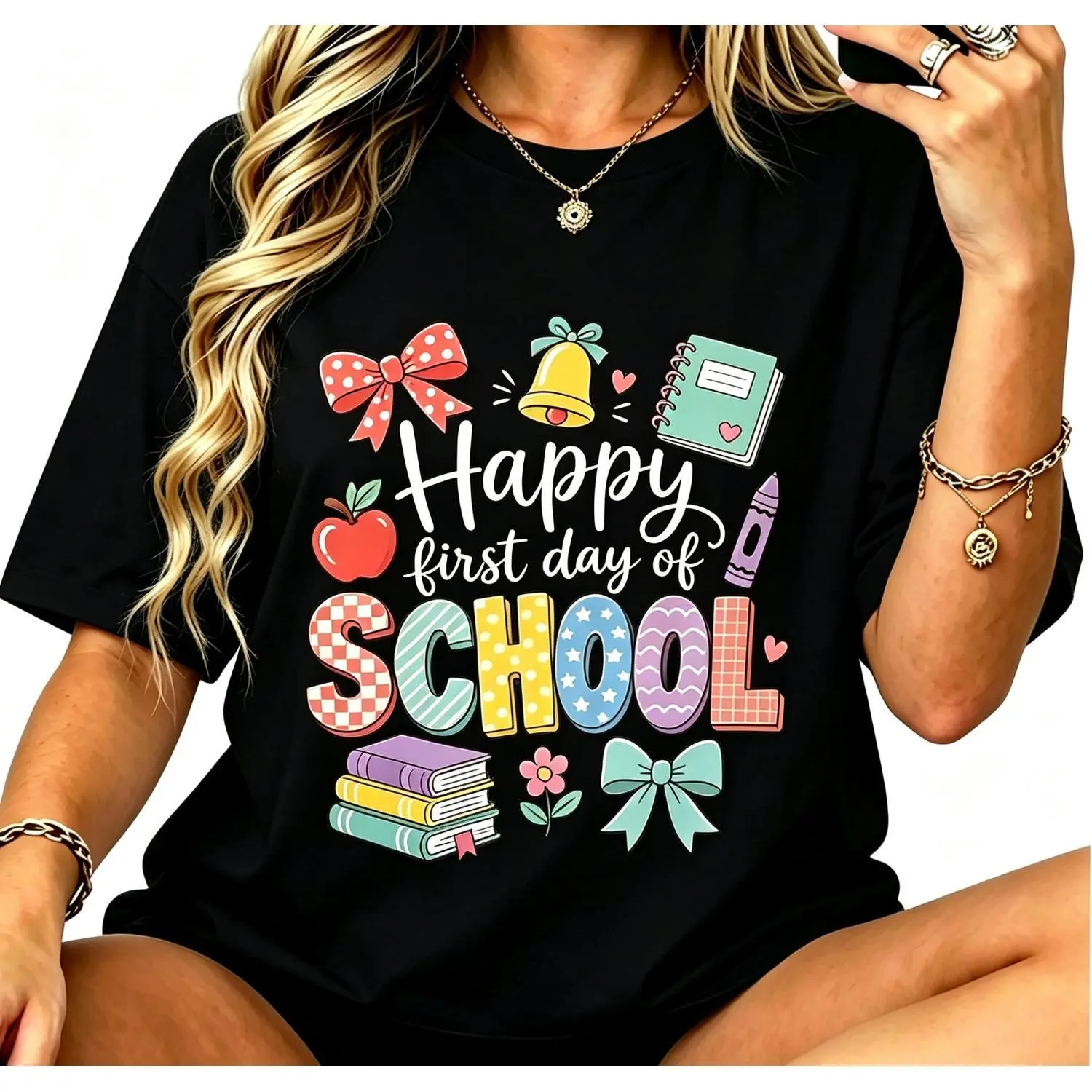 Happy First Day Of School Cotton T-shirt Cute Colorful Student Tee Back To School Outfit Fun Classroom Design Educator Gift Idea For Women Girls Learning Celebration Apparel