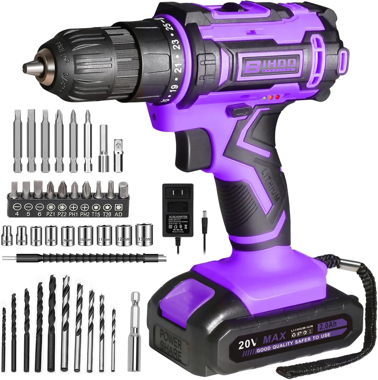 BiHoo Purple Cordless Drill Set,Gift for Mom,20V Drill Driver with Battery and Charger,3/8-Inch Keyless Chuck, Variable Speed,with Drills Bits Set Summervibes High-Torque Impact tiktokshopspringglowup Tool Tool Kit