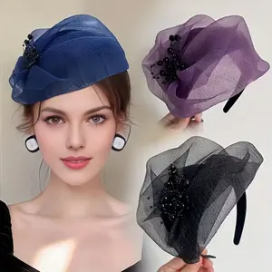 Generic Women's Fascinators Hat with Flower Mesh Ribbons Headband Tea Party Hat Veil Feathers Hair Clip for Special Occasions