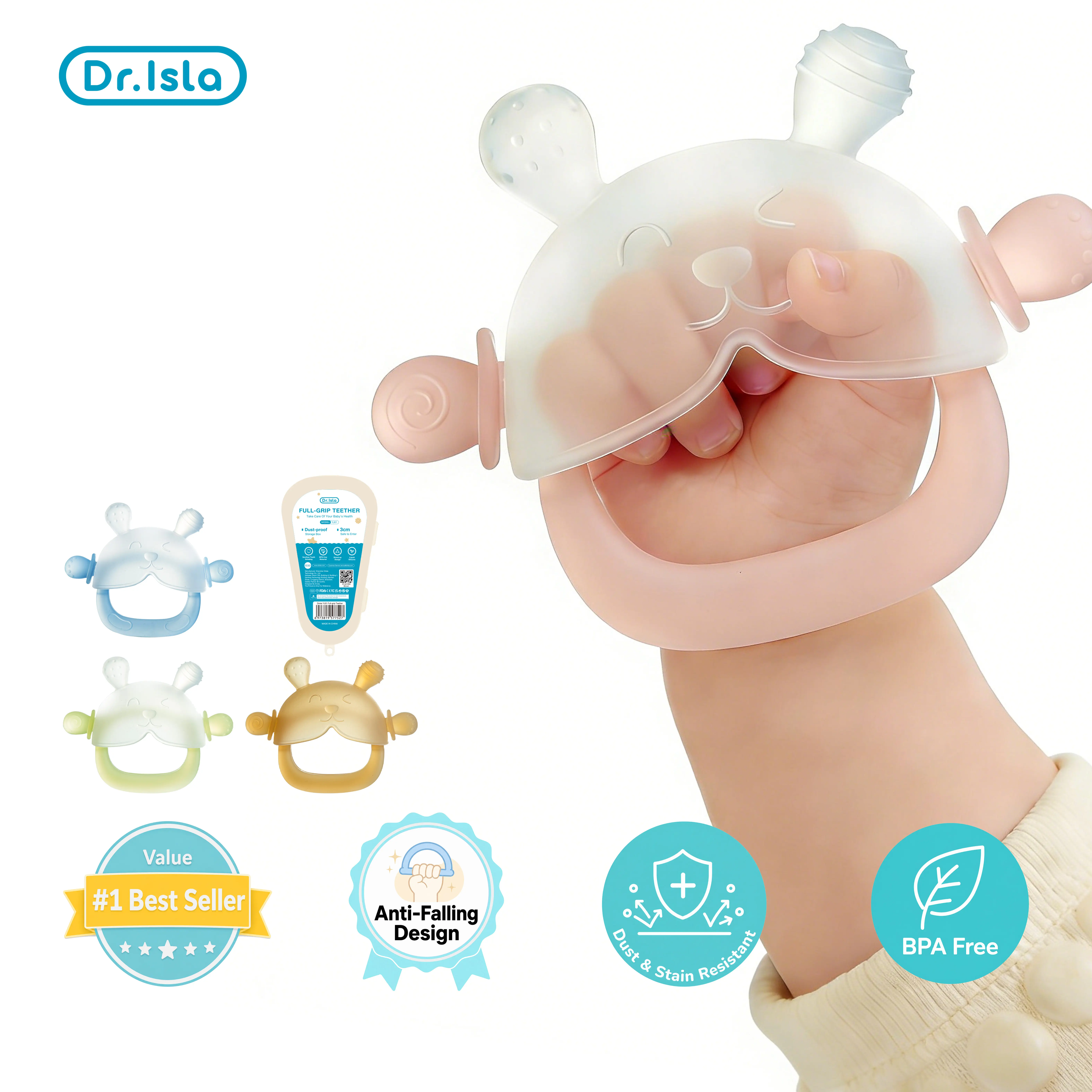 Dr.Isla No-Drop Baby Teether, Soothe Crying Baby, Stop Dirty Finger Sucking, Calm Fussy Infants, Anti-Dust Frosted Silicone, Pet Hair Proof, 3M+, Soothes Gums, Food Grade BPA Free, Standing Base, Bunny Buddy, Storage Case, Clean & Safe #summervibes summer