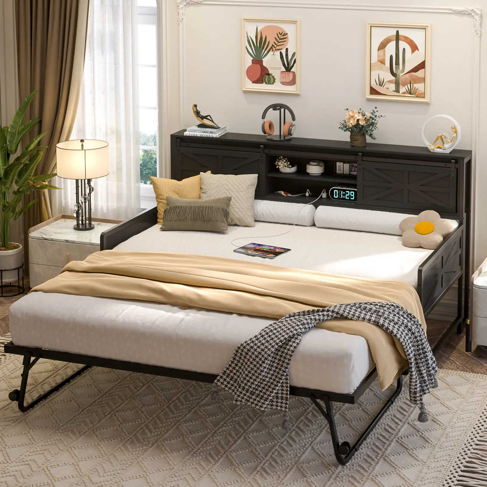 Farmhouse Twin Daybed with Pop-Up Trundle, Metal Frame, Bookcase Headboard, Charging Station, Barn Door Storage, Black