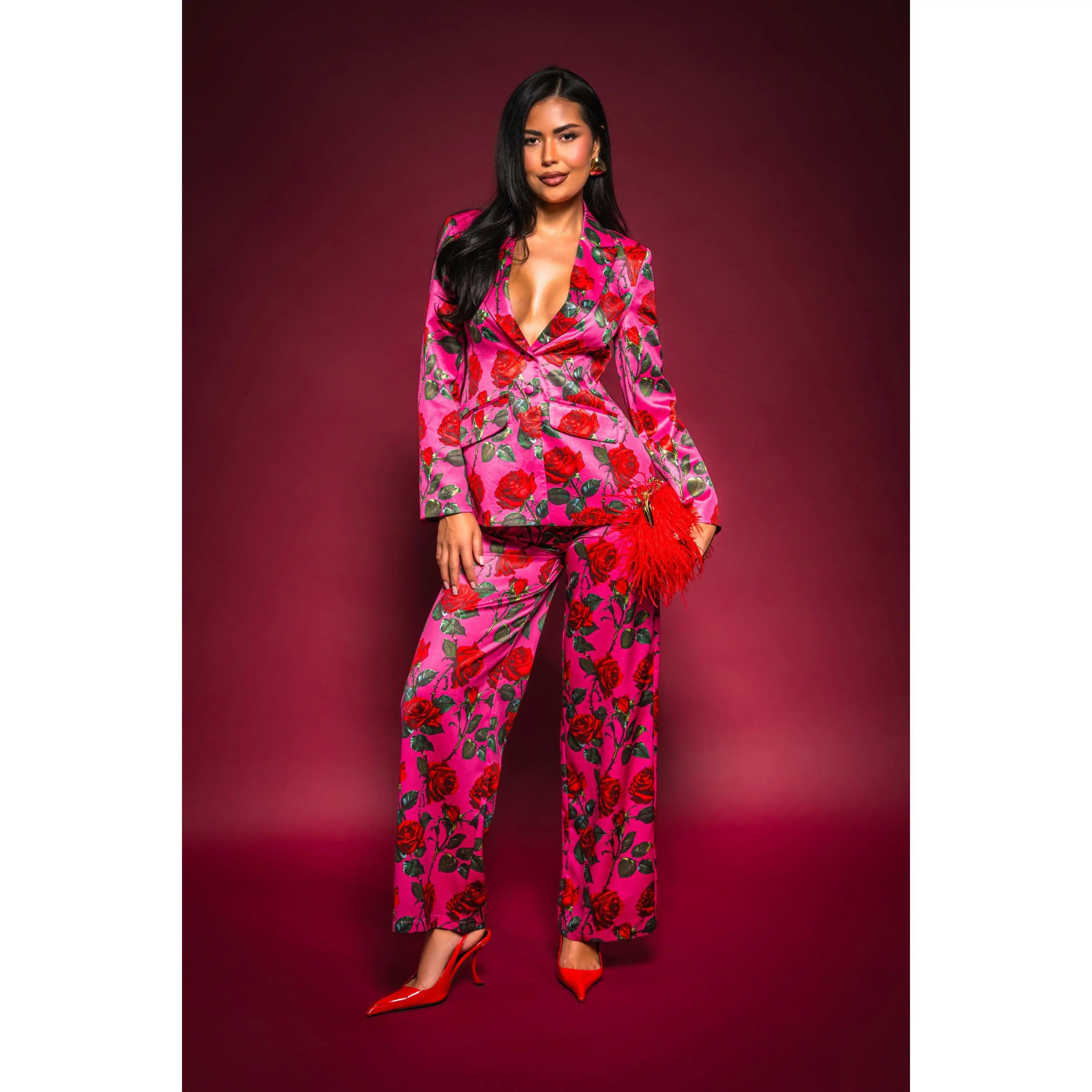 DOZEN ROSES SATIN PANT IN FUCHSIA