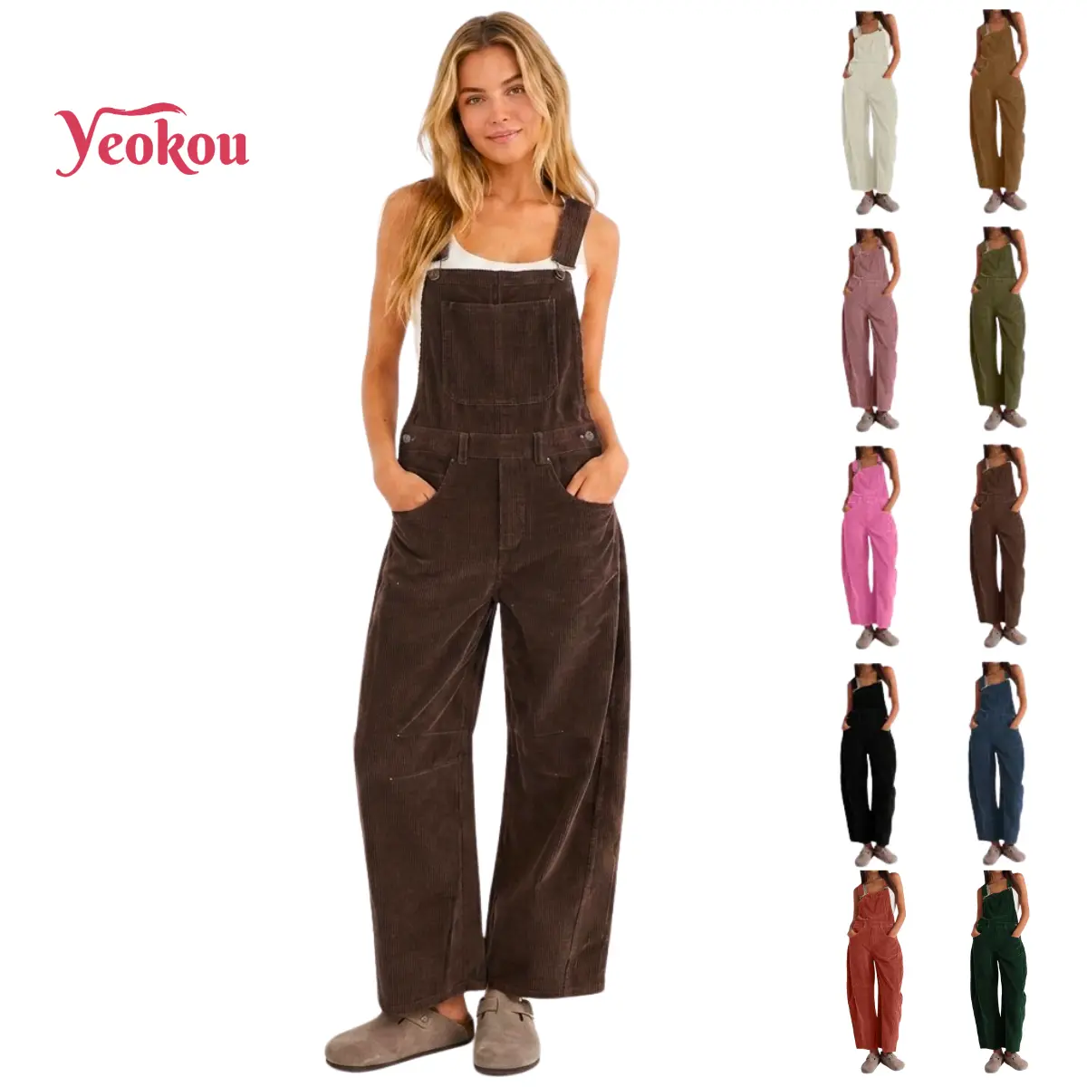 Yeokou Women's Fitted Casual Jumpsuit Overalls, Barrel Wide-Leg Bib Corduroy Pants, Adjustable Wide-Leg Design with Pockets, Women's Fashion Staple, Barrel Overalls, Style Overalls