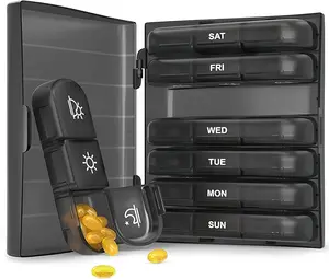 Weekly Pill Organizer 3 Times a Day 7 Day AM PM Case for Medication Vitamins Supplements Black Durable BPA Free Travel Essential - Tampons, Gift