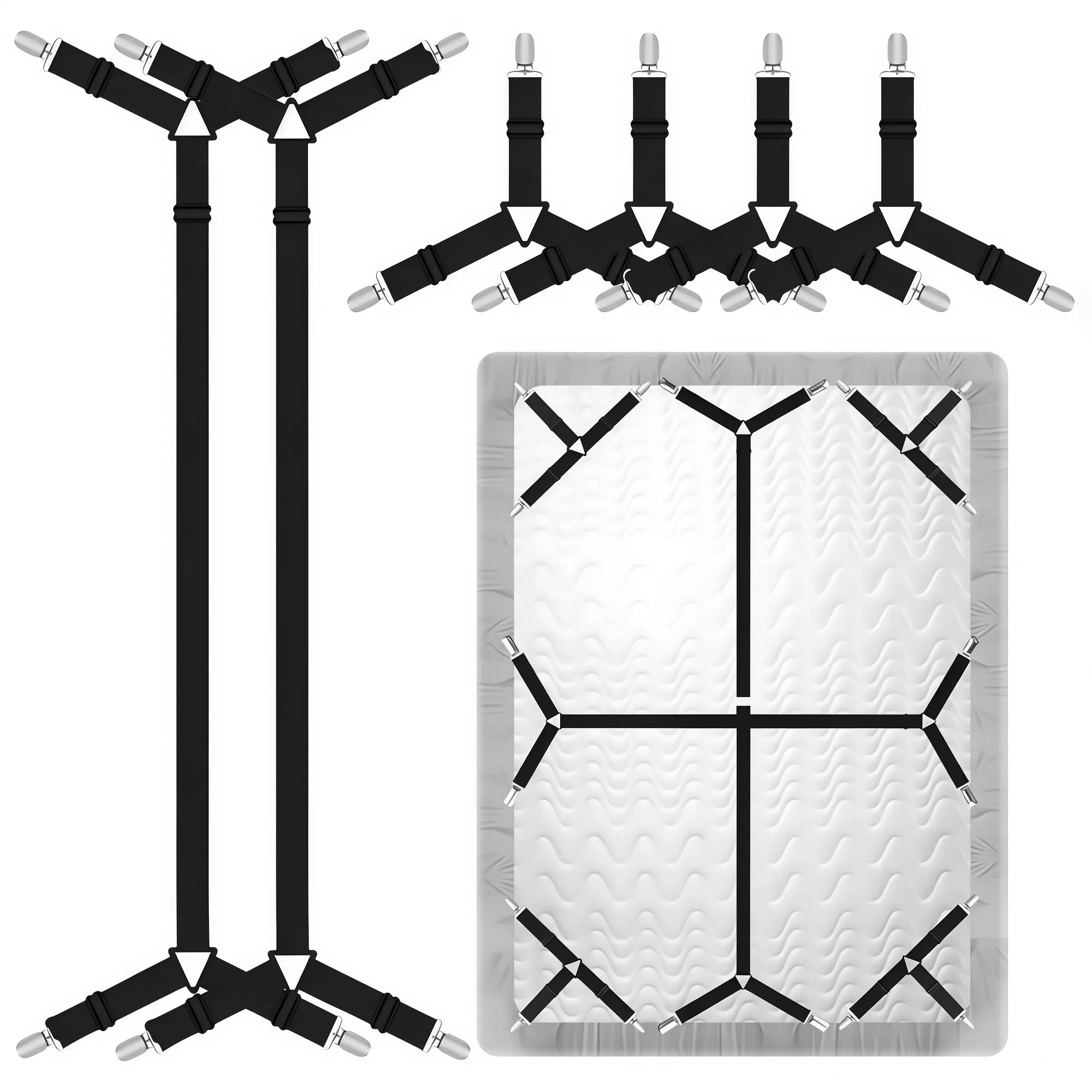 LMMAKE 6PCS Bed Sheet Straps,Fitted Bed Sheet Fasteners Clips Adjustable Crisscross Bed Sheet Holder Straps for Corners Mattress Sheet Suspenders Grippers Bedding Accessories, Black
