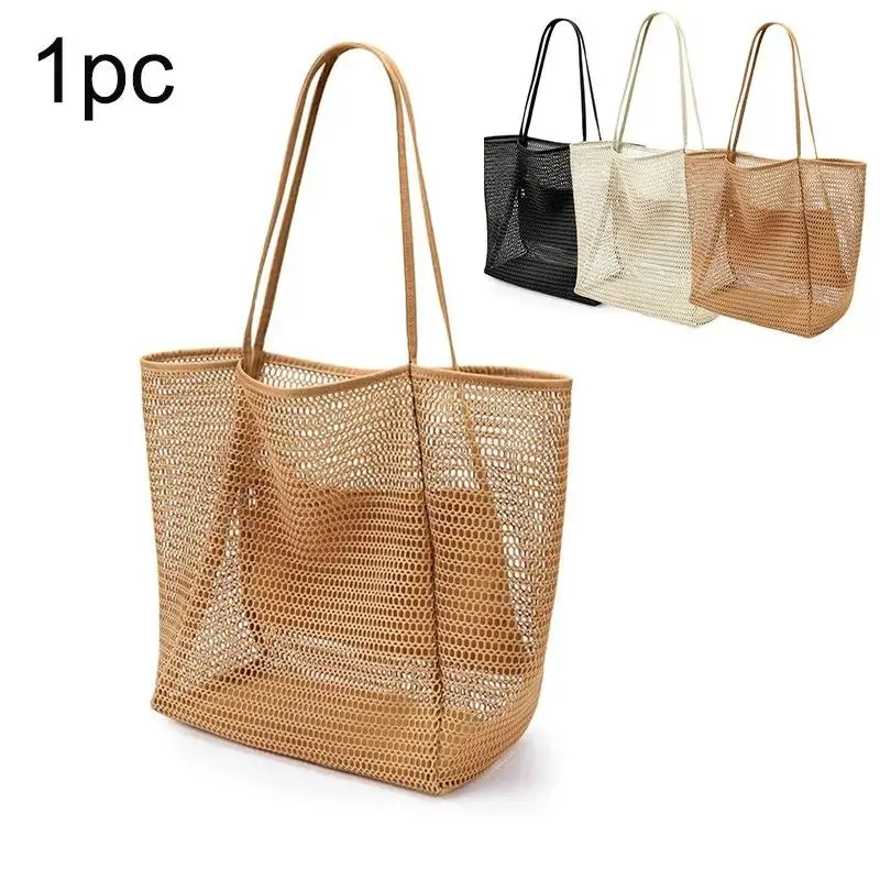 Large Capacity Mesh Beach Bag - Foldable, Lightweight, Portable Multi-Functional On-The-Go Shoulder Tote Bag for Beach & Travel Use, Summervibes Outdoor Fun Gym Accessory, Shoulder Bags