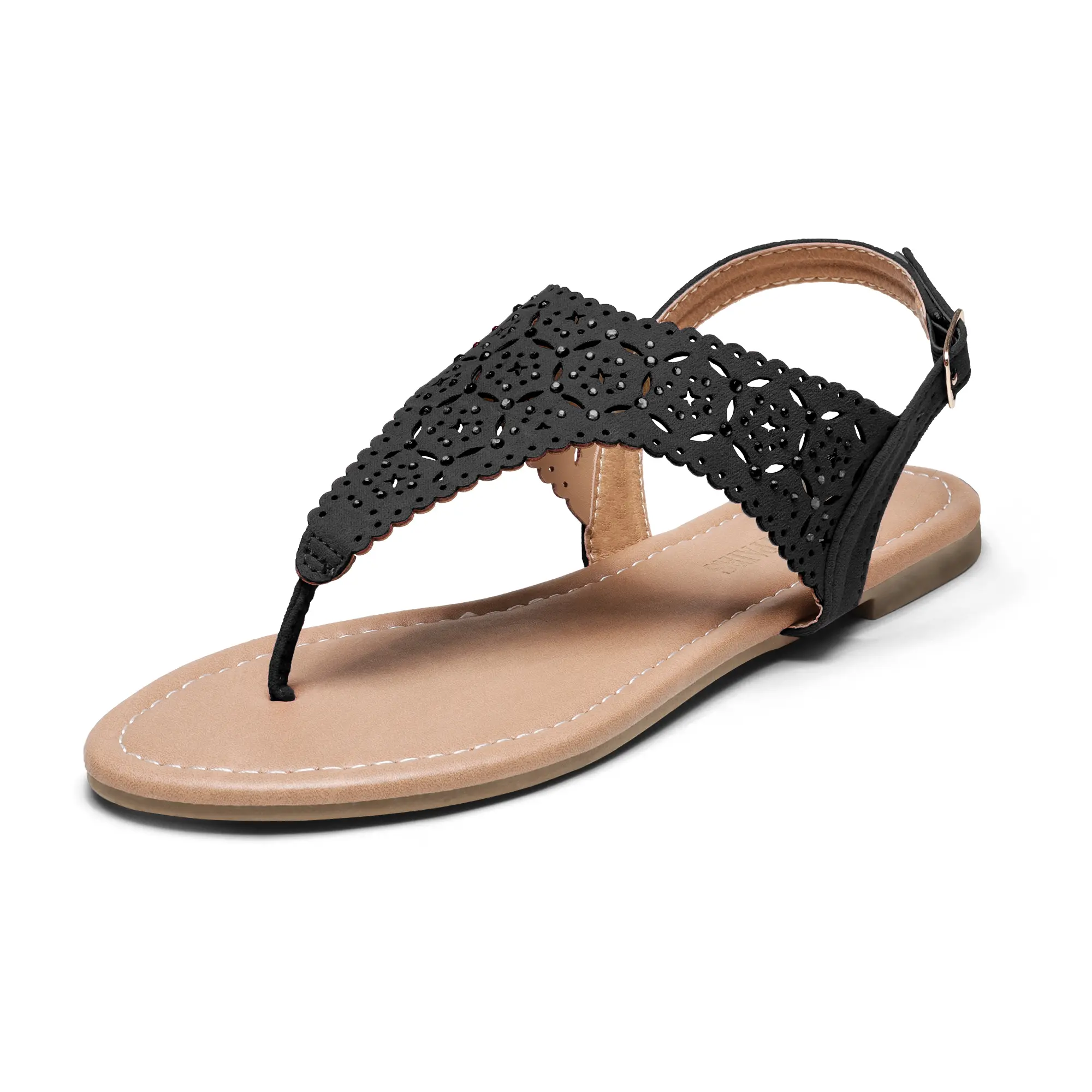 DREAM PAIRS Women's Cut-Out Rhinestone Strap Toe Flat Sandals - Buckle Closure, Stylish Comfortable Footwear for Daily Wear, Toe Sandals, Strap Sandals