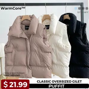 【Clearance】PUFFIT WarmCore Premium Women Warmer Oversized Puffer Gilet, Sleeveless Waistcoat Quilted Vest, Water Repellent Deep Pockets Adjustable Toggles Versatile Style