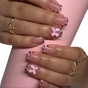 Leopard Print French Tip Press on Nails Square Short Fake Nails with Pink Bow Rhinestones Design 24Pcs Ballerina Stick on Nails