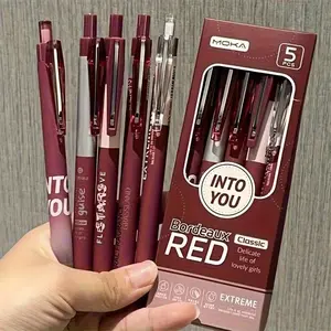 5-Pack Vintage Bordeaux Red 0.5mm Gel Pens, Black Ink, Soft Grip, Smooth Writing, Durable Plastic Construction, Ideal for Office, Daily Writing, Stationery, Signature Pens, Top Choice for Holiday Gifts Minimalist Press Pen Quick Dry Pens Pen Box Kits