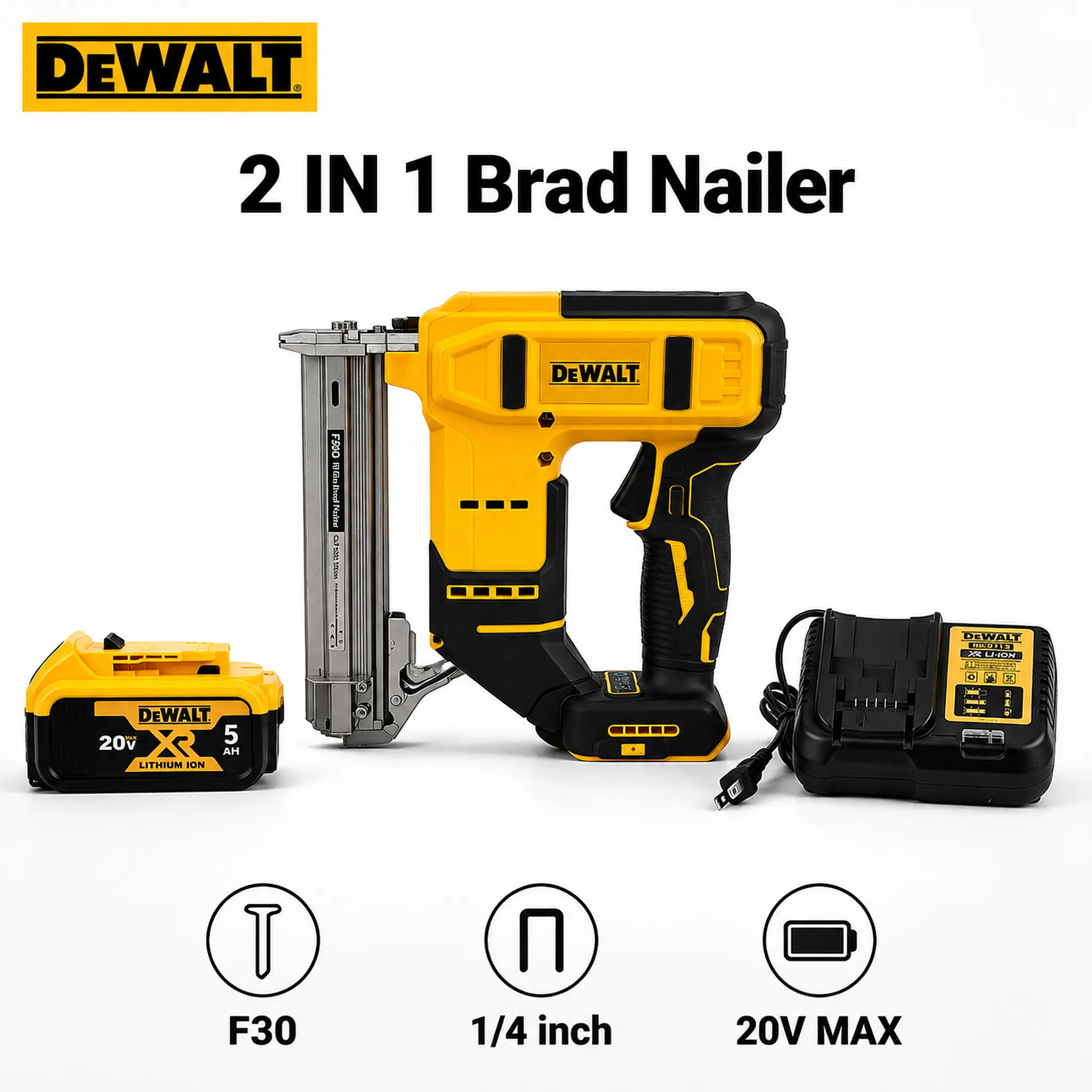 DEWALT 2-in-1 Cordless Brad Nailer, 18GA F-Nail & 422J Staple Compatible Brushless Woodworking Tool with Depth Control, Tool-Free Jam Removal, Single/Contact Firing Modes for Trim Work, DIY Crafts