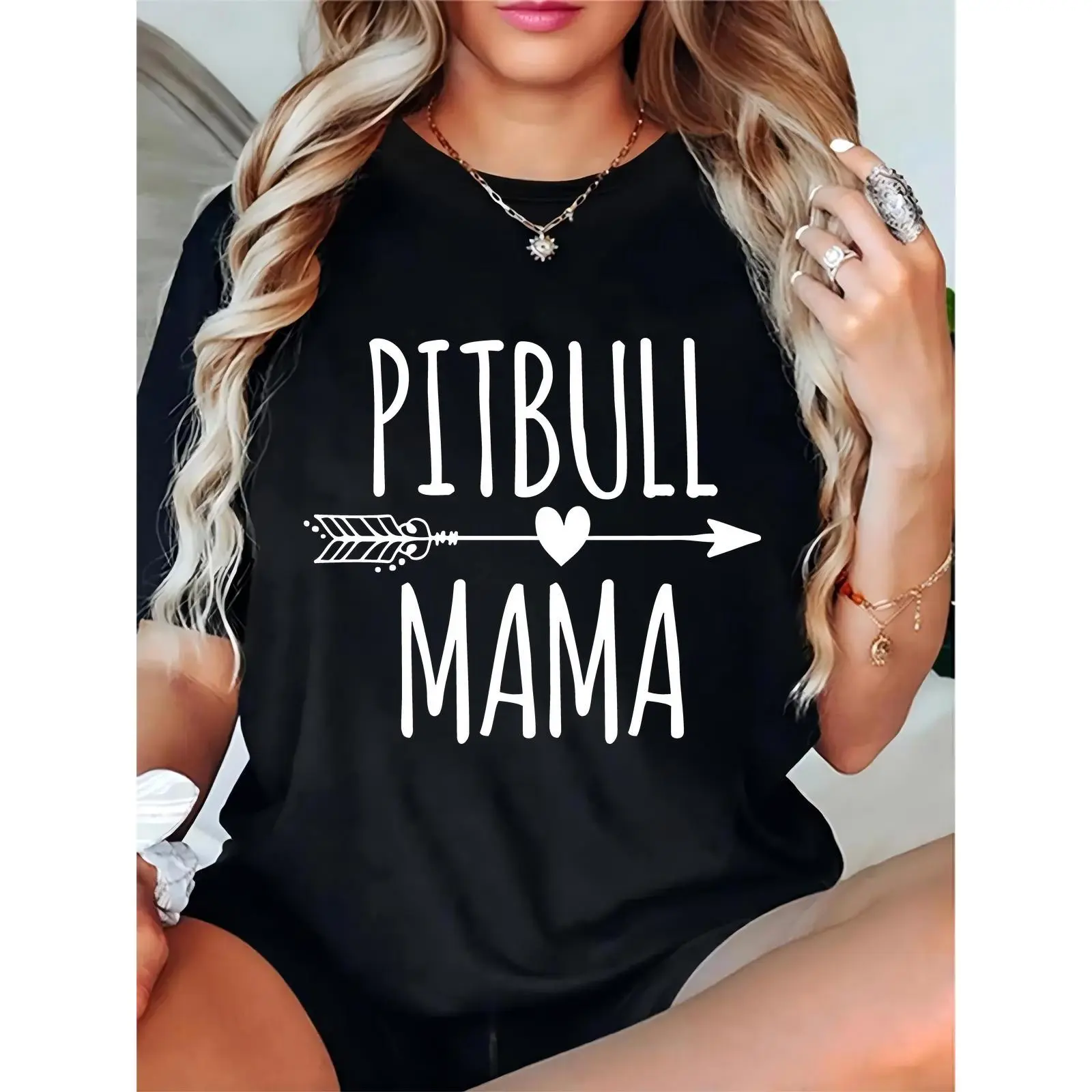 Women's Basic Short-Sleeve Black Pitbull Mama Crew Neck Cotton Tee - Arrow & Heart Graphic Prints, Breathable, Casual Day Wear for Dog Lovers, Essential Tops & Clothes, Feminine Fit