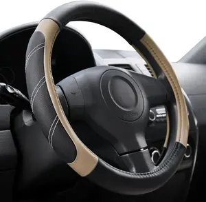 Sport Leather Steering Wheel Cover 14 1/2 inch to 15 inch Universal, Padded Soft Grip Breathable for Car Truck SUV Jeep, Anti Slip Odorless Black and Beige