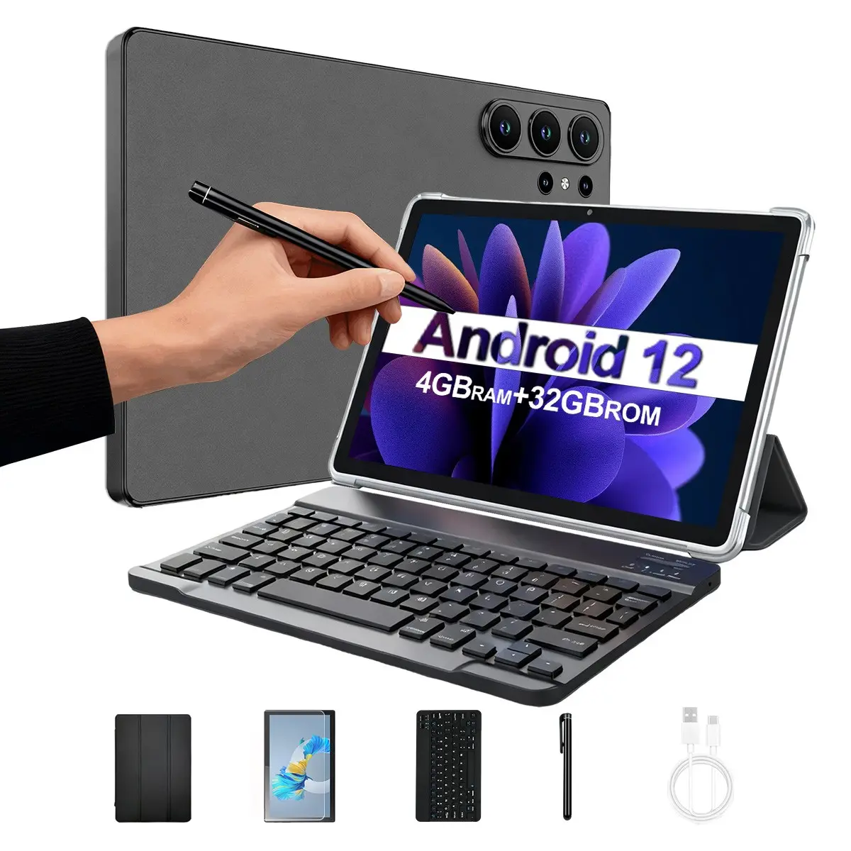 New 10.1-inch touch screen smart ram rom tablet, Android 12 system, 4GB RAM + 32GB storage, 4000mAh battery, 8-core processor, 2MP + 5MP camera, supports Wi-Fi, 4G, Bluetooth, and Dual SIM