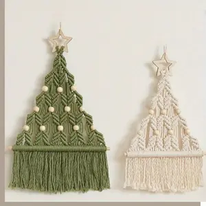 1Pcs Macrame Christmas Tree Wall Hanging, Boho Woven Ornament, White Green Red, Room Home Holiday Party Decoration
