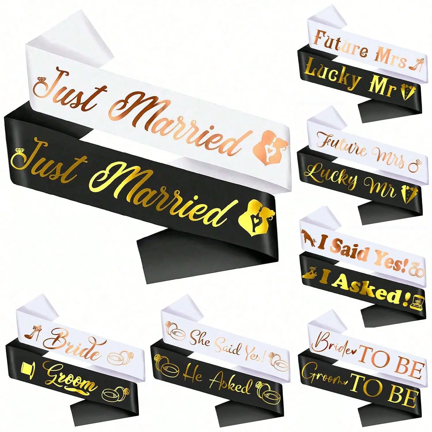 Sashes for brides-to-be and grooms-to-be, black and white with gold foil, and a bachelor's sash, suitable for bridal showers, weddings, bachelor/bachelorette parties, and engagement gifts, Bachelor party gift for men and women, Wedding Bundle