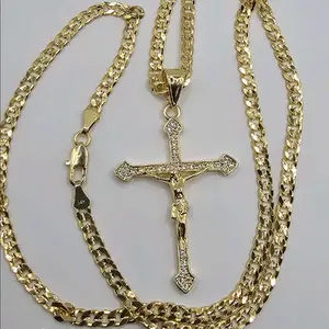 CHRIST ON THE CROSS clear stones Cuban link chain gold-plated