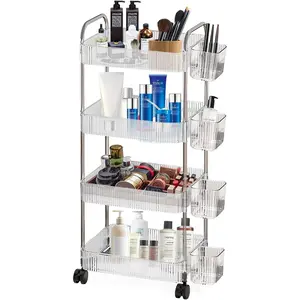 4 Tier Rolling Cart with Hanging Basket, Acrylic Storage Carts with Lockable Wheels, Utility Carts Storage Organizer Serving Cart for Office, Living Room, Kitchen, Bathroom