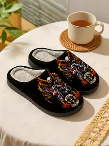 American Eagle & Motorcycle | Vintage & Tough 1 Pair Faux Fur Lined Non-Slip Home Plush Slippers For Men & Women (Autumn/Winter)