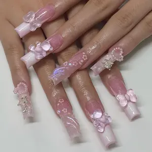 (Nail Art - Bear Bowbowknot) Long Length Long Water Pipe Fake Nails Square Head Nail Tips False Nail Girl(24 PCS) tiktokshopspringglowup