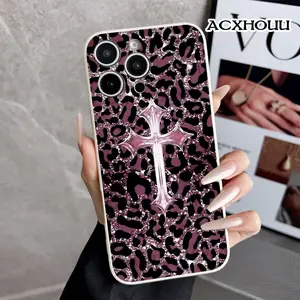 Case for iPhone 16 E Pro Max 15 Plus 14 13 12 11 XS XR Glitter Pink Leopard Cross Design Anti-Slip Shockproof Durable TPU Silicone Rugged Phone Cover