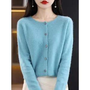 New Fashion Spring 100% Merino Wool Womens O-neck Cardigan Cashmere Sweater 2024 Female Clothing Grace Knitwear Korean Tops Womenswear Basic
