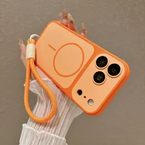 Luxurious solid color skin-feeling magnetic mobile phone protective case + hand strap of the same color, summer series, suitable for iPhone17promax/16/15/14/13pro, advanced anti-fall and anti-collision, all-inclusive protection, wireless charging, compati