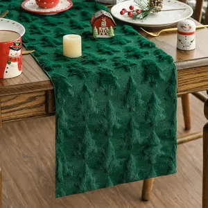Artificial Mode Christmas Tree Green Soft Plush Artificial Fur Jacquard Christmas Tablecloth Holiday Kitchen Table Decoration Suitable for Home Party Decoration 13x72inch