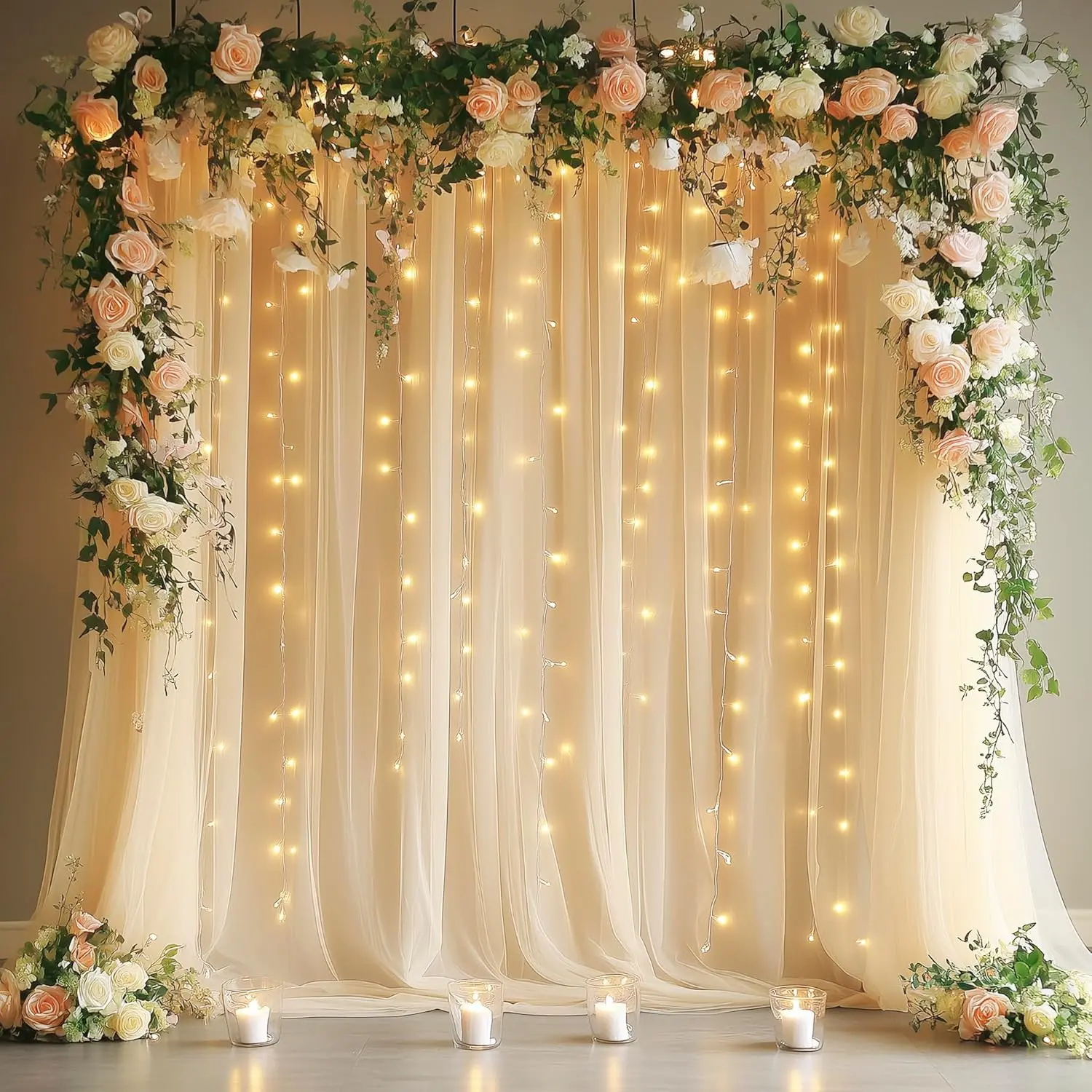 Fomcet Tulle Backdrop Curtains with Lights String 10FT X 8FT Champagne Sheer Curtain with Lights Tulle Curtains Backdrop for Wedding Birthday Party Photo Shoot (2 Panels 5X8Ft)