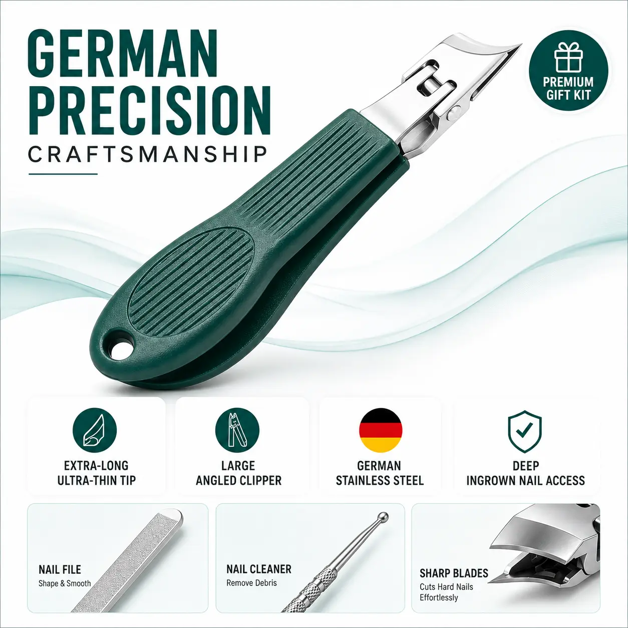 3-Piece Long Handle Clippers Set - Wide Jaw Opening, Anti-Splash, Slanted Blade for Thick Nails, Seniors, Ingrown Nail Care (Green)