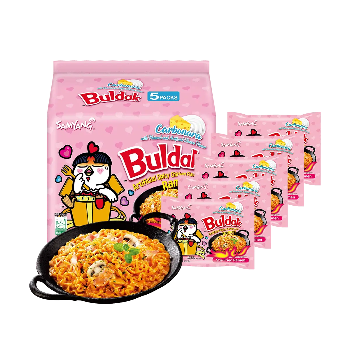 SAMYANG Korean Carbonara Stir-Fried Buldak Ramen Carbonara Hot Chicken Flavor - 5 Packs* 4.58oz Korean Carbonara Spicy Chicken Ramen