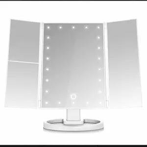 Tri Fold Makeup Mirror With Dimmable LED Lights, Magnifiers, USB Or Battery Pwr.