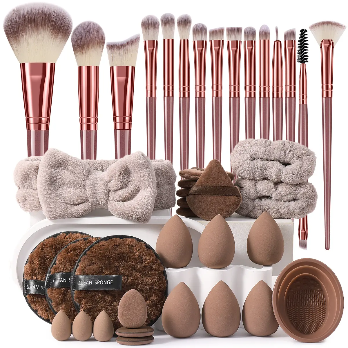 40PCS Makeup Tools Set:15PCS Makeup brush set+1PCS Hairband+6PCS Triangle Powder Puffs+2PCS Hand Bowl Strap+6PCS Makeup Sponges+1PCS Makeup Brush Cleaning Tools+3PCS Mini Air Cushion Powder Puffs+3PCS Mini Makeup Sponges+3PCS Facial Cleansing Sponges, Cos