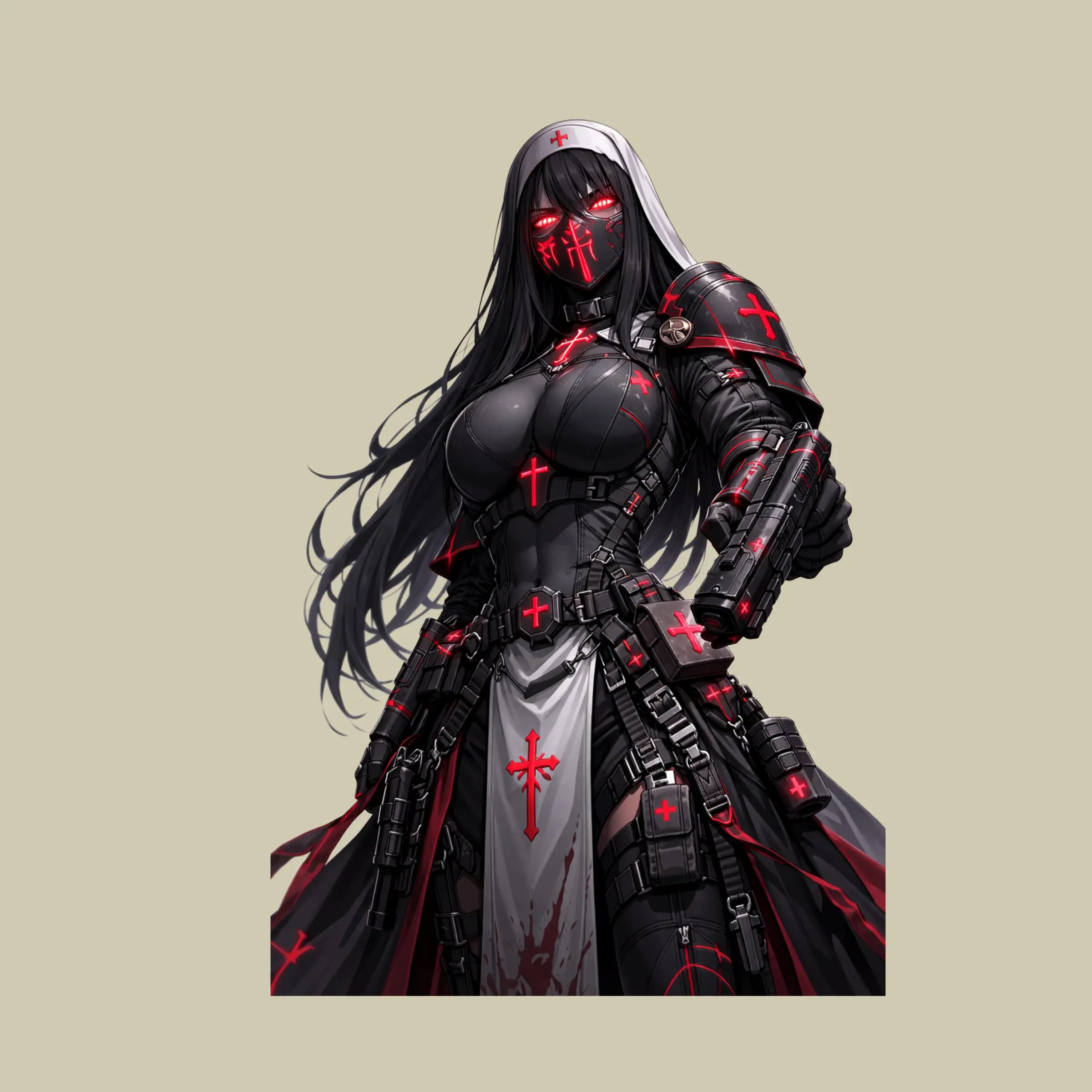 Tactical Nun Anime Sticker, Dark Gothic Warrior Girl with Gun, Cyber Religious Aesthetic Art