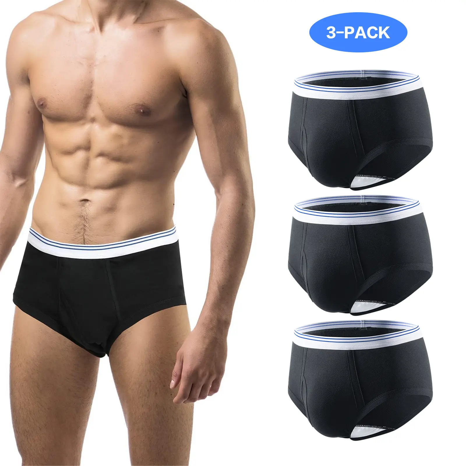 CARER 3-Pack Men's Incontinence Briefs - 150ml Large Absorbency - No Leakage - Cold Wash - Cotton & Spandex - Activewear - Black old  school  boxers boxers  polo  wear boxers  brief  deck Athletic