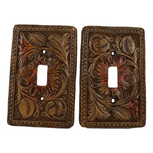 Set of 2 Western Tooled Floral Lace Faux Wood Wall Single Toggle Switch Plates