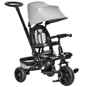 Baby Tricycle 4 In 1 Trike w/ Reversible Angle Adjustable Seat Removable Handle Canopy Handrail Belt Storage Footrest Brake Clutch for 1-5 Years Old Grey On-Site