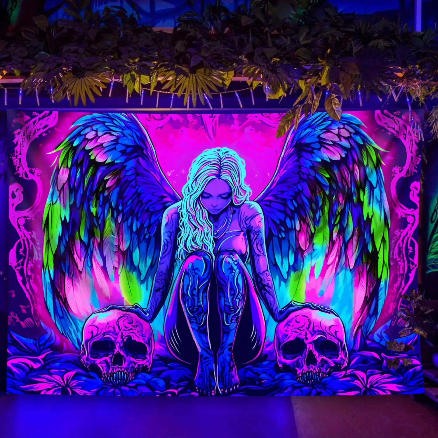 Vibrant Fluorescent Large Wing Tattoo Woman Tapestry |         Polyester Material, Glow-in-the-Dark Wall Hanging for Bedroom, Living Room, or Party Decor, No Installation Needed, Soft Texture Tapestry