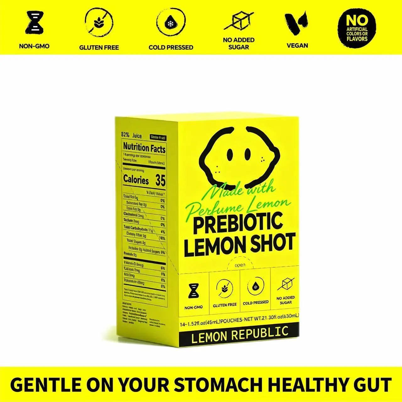 Lemon Republic Gut Booster Shot with 5G Prebiotic Fiber, Turmeric & Perfume Lemon, Gentle on Stomach, No Added Sugar, Cold-Pressed, Gluten-Free, Non-GMO Beverage Drink Natural