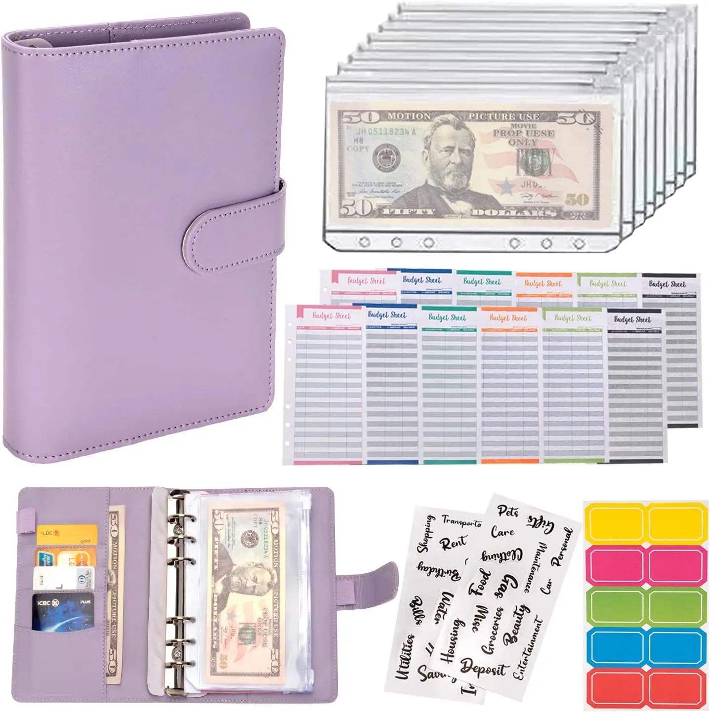 Budget Binder Cash Envelopes A6 Money Saving Binder with Zipper envelopes (Purple)