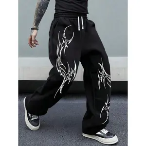 Plus Size Loose Fit Black Sweatpants For Men Drawstring Design Comfortable Versatile Graphic Pattern Mid Waist Below Ankle Length All Seasons Streetwear Halloween