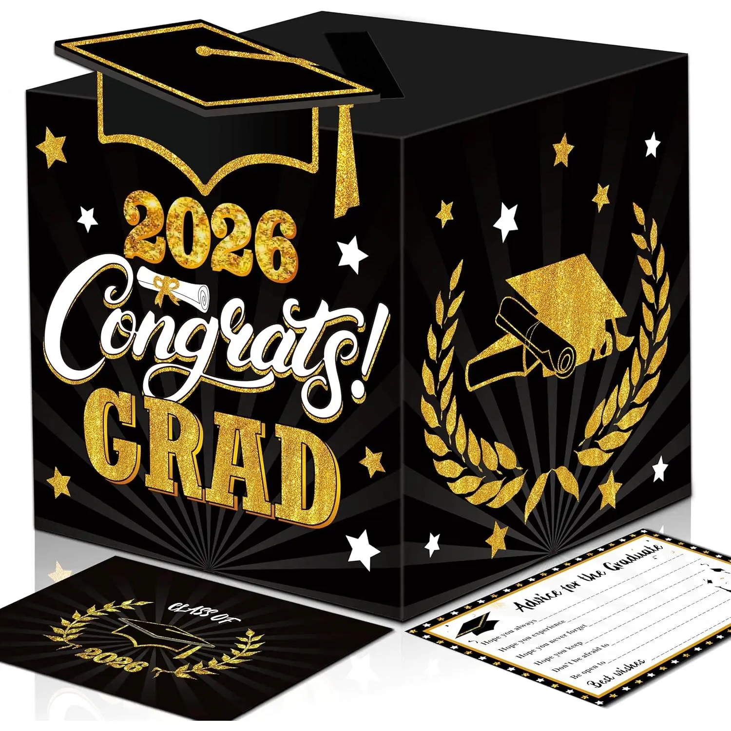 Graduation Wish Cards with Black and Gold Card Holder Box - 36PCS Class Of 2026 Advice Cards and 2026 Congrats Grad Card Box for Graduation Party Supplies Decoration