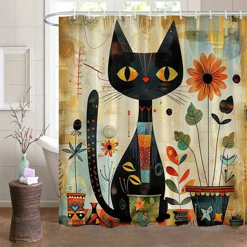 A cat and floral watercolor printed Aesthetic Decorative Shower Curtain, bathroom decoration, waterproof, wear-resistant, easy to clean, machine washable, and shower curtain hooks, Bathroom Accessory, Bathroom Decoration Accessories