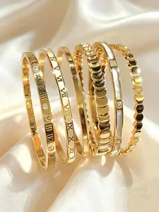 6-Piece Stainless Steel Bracelet Set, Fashion Roman Numerals & Rhombus Design, Waterproof, Stackable, Ideal for Daily & Festive Wear, Gift Essential, Stackable Bracelets