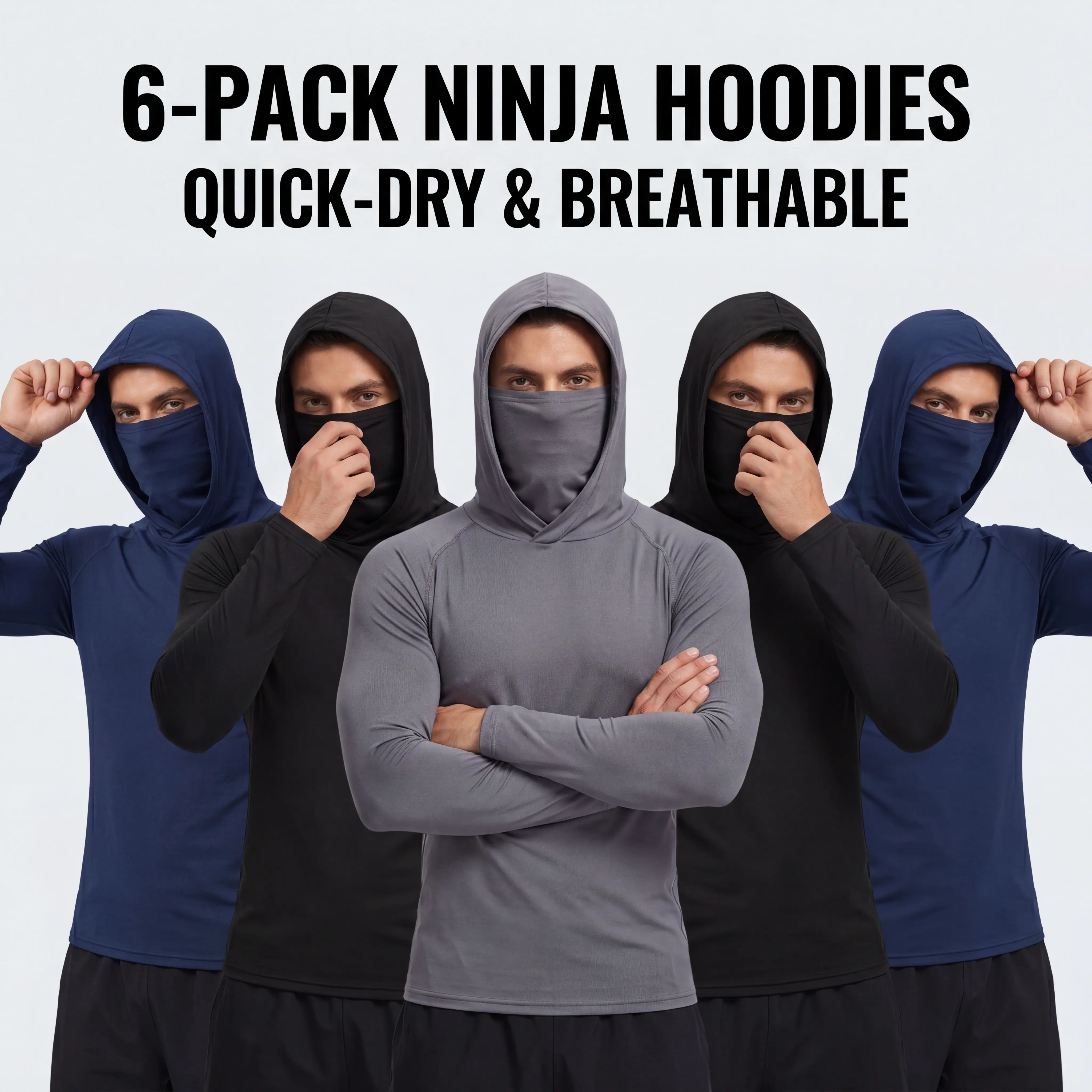Set of 6 men’s hooded sweatshirts with a face mask design, made from high-elasticity, quick-drying, breathable fabric—ideal for outdoor fishing and running.
